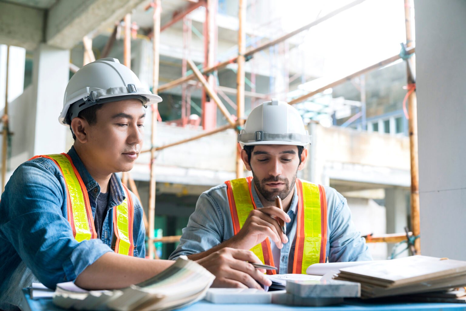 young asian engineers caucasian engineer colleagues site inspector discuss together using notebook computer paper blueprint building construction sitehome renovation ideas concept (1)